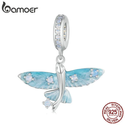 BAMOER 925 Sterling Silver Blue Enamel Flying Fish Pendant Charm Pave Setting CZ for Women Bracelet and Necklace DIY Accessories