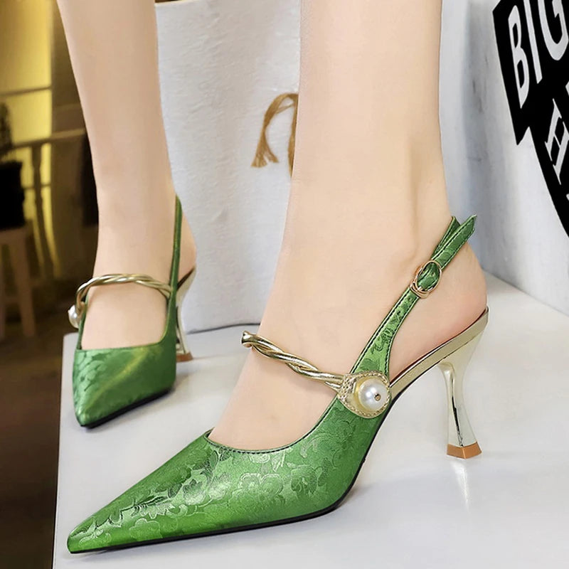 2024 New Ethnic Style Women Pumps Silks Satins High Heels Pointed Hollow Women Sandals Metal Heel Kitten Heels Sexy Party Shoes