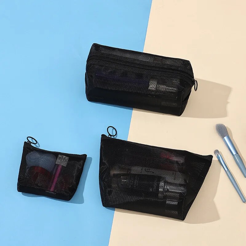 3Pcs Black Makeup Bags Small Medium Large Mesh Transparent Cosmetic Bag Organizer Cosmetics Storage Pencil Cases Neceser Pouch