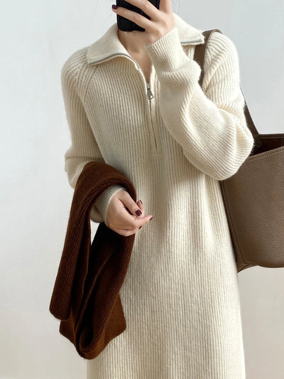 Knitted Dress 2023 Women's Autumn Winter Thickened French Mid-length Loose Bottoming Dresses Fashion Ladies Zipper Long Sweater