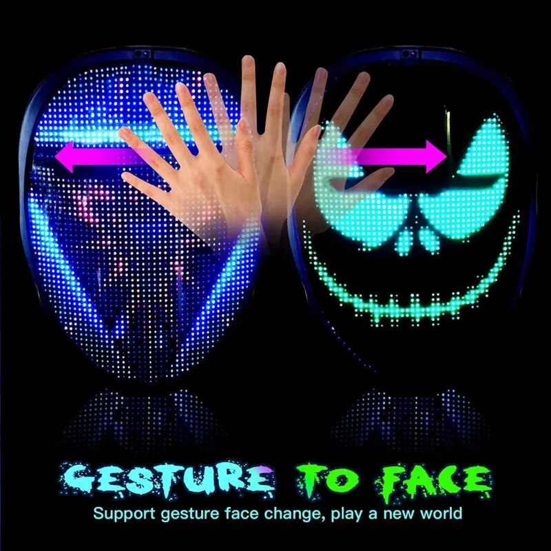 Festival Party Cosplay Mask with Programmable LED Lighted Gesture Face Transforming Mask Rechargeable App Controlled Screen Mask