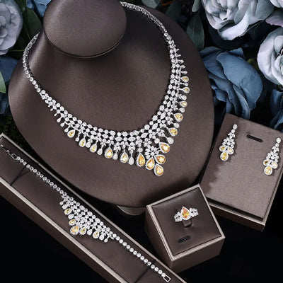 2023 Zircon Super Deluxe Tassel Water Drop Big Wedding Bridal Necklace Earrings 4 Pieces Nigerian Dubai Women's Jewelry Set