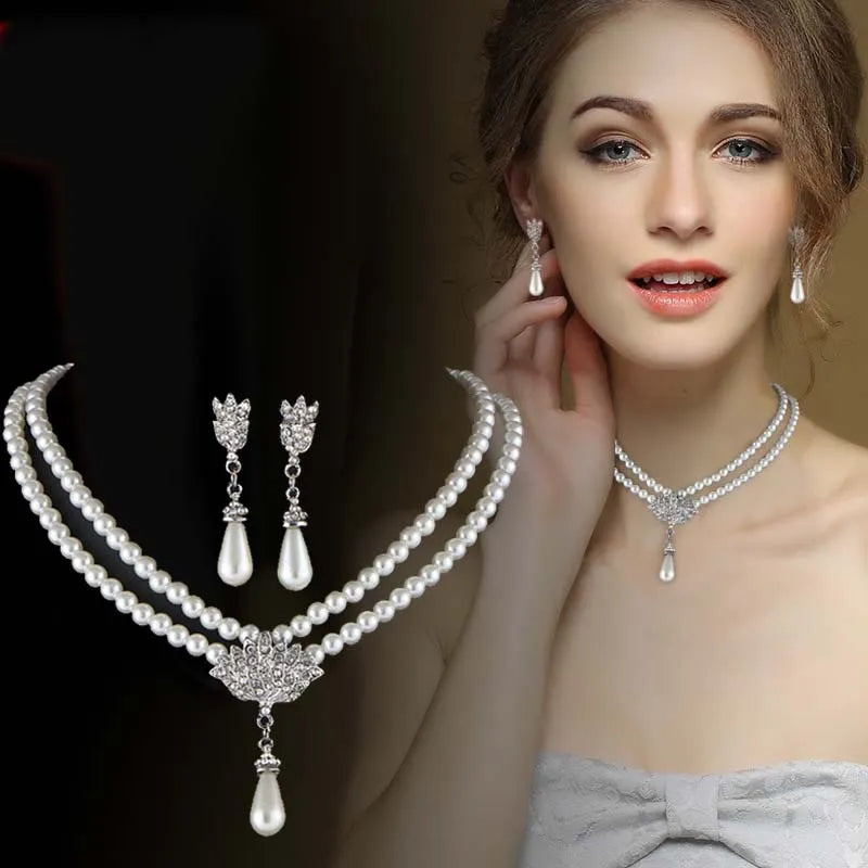 MASA Luxury Bride Pearl Crystal Jewelry Set for Women Korean Temperament Short Collarbone Earring Necklace Set