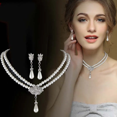 MASA Luxury Bride Pearl Crystal Jewelry Set for Women Korean Temperament Short Collarbone Earring Necklace Set