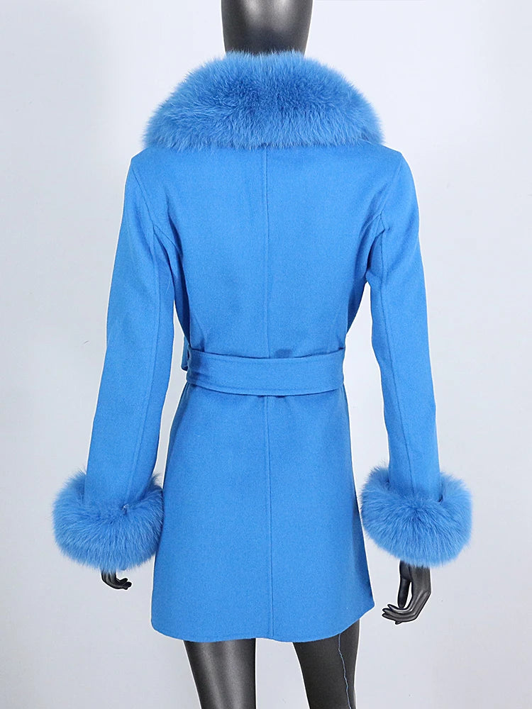 2022 New Real Fur Coat Winter Jacket Women Natural Fox Fur Collar Cuffs Belt Cashmere Wool Woolen Ladies Outerwear Streetwear