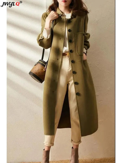 Oversize 4xl Elegant Thick Warm Wool Blend Long Coats Women All-match Single-breasted Streetwear Jackets Winter Loose Overcoats