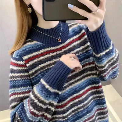 Autumn Winter Stripe Fashion Harajuku Sweater Women All Match Korean Chic Tops Lady Loose Casual Knitwear Long Sleeve Pullover