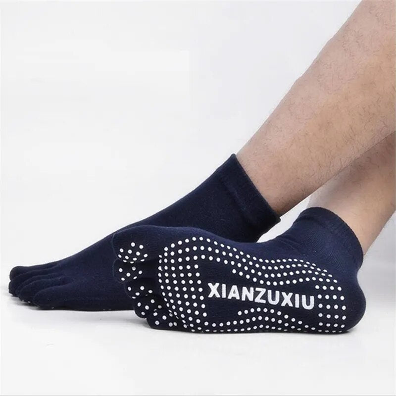 Men Five Toed Dot Silicone Yoga Mid-Crew Socks Cotton Solid Non-slip Grip Pilates Socks