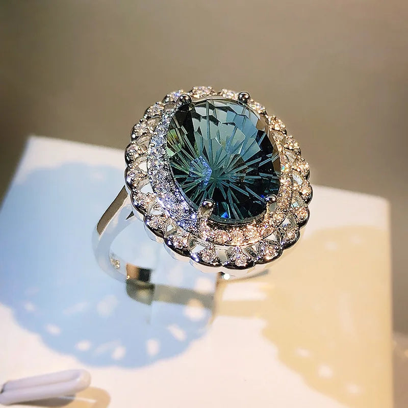 Haute Couture Blue Topaz Women's Ring 925 Silver Natural Fireworks Blue Topaz Women's Ring Cocktail Party Jewelry Gift