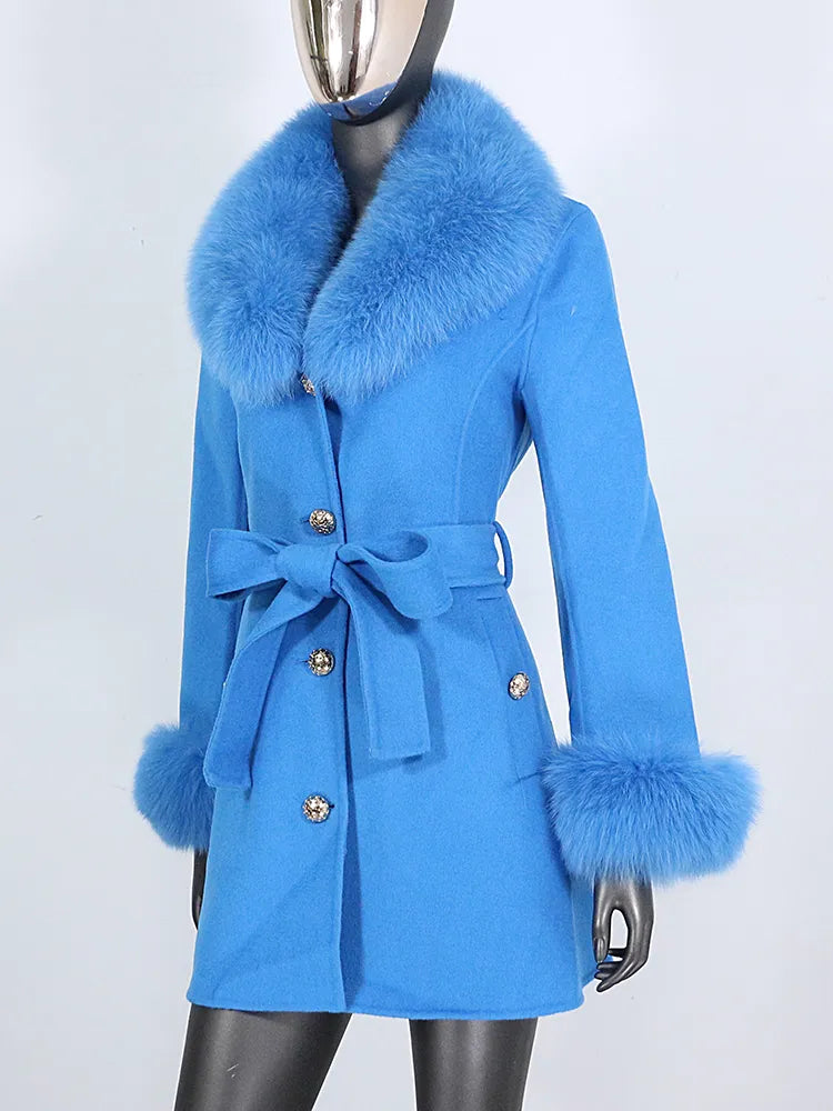 2022 New Real Fur Coat Winter Jacket Women Natural Fox Fur Collar Cuffs Belt Cashmere Wool Woolen Ladies Outerwear Streetwear