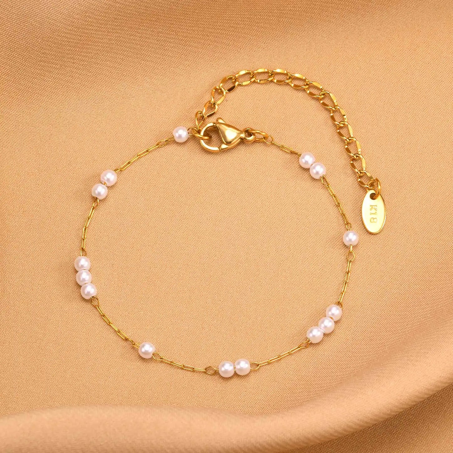 Pearl Bracelet 18k Gold Plated, Stainless Steel Chain Adjustable Friendship Gift for Women