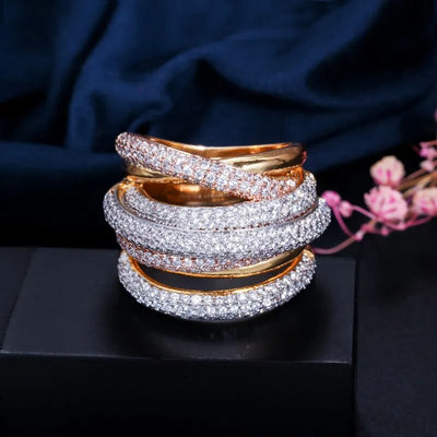 CWWZircons Luxury Designer 3 Tones Gold Plated Cubic Zironium Big Wedding Engagement Bridal Finger Ring Jewelry Addiction R059