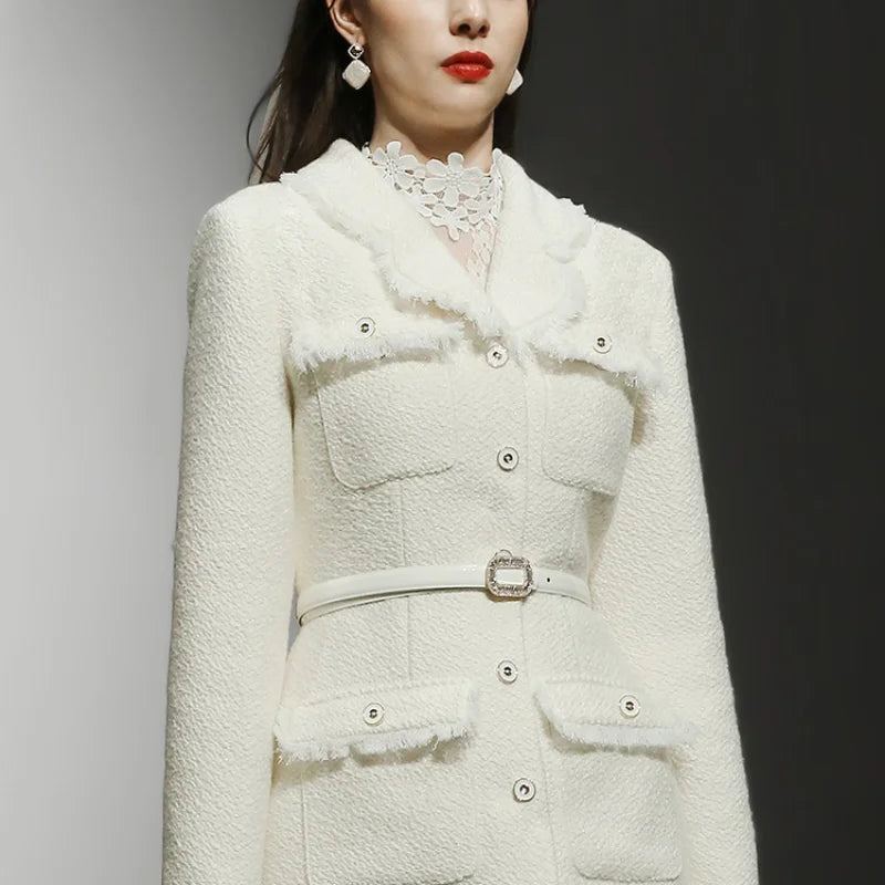 Autumn Winter Women 30% Wool New Fashion Vintage Slim Tassel Edge Coat Fine Glitter White Tweed Medium Length Outfit Clothes