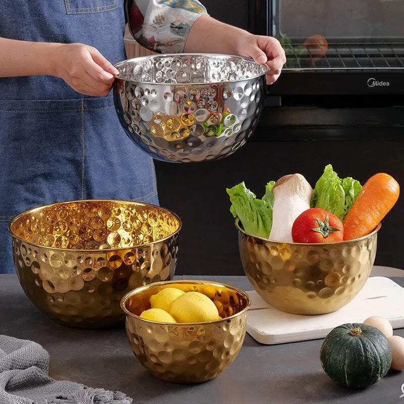 Gold Stainless Steel Hammer Point Fruit Bowl Salad Plate Egg Pot Thickened Baking Mixing Cooking Bowl Creative Decoration