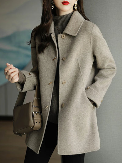 Women Coat Woolen Jacket Slim Fashion Office Lady Square Collar Single Breasted Autumn Winter Topcoat Wide-waisted Pocket Warmth