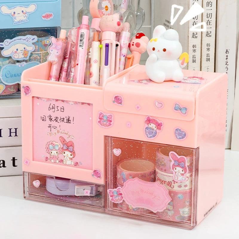 Miniso Sanrio Pen Holder Organizer Kawaii Kuromi Melody Cinnamoroll Sticker Desktop Storage Box Big Capacity Stationery Storage