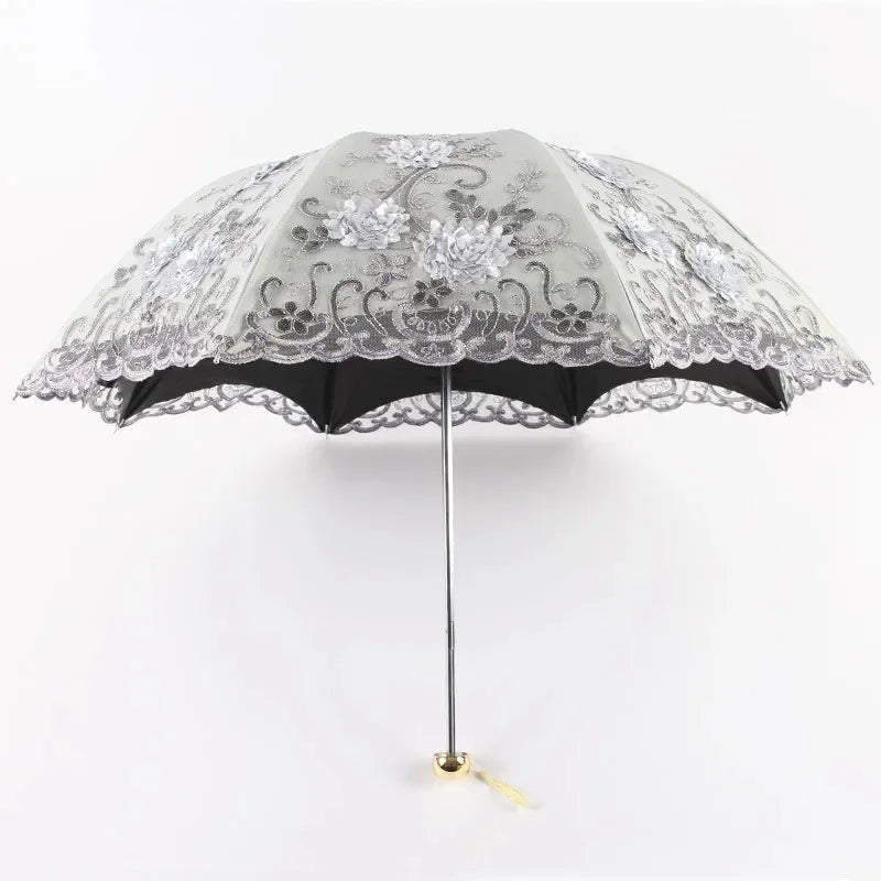 Luxury Flower Sun Umbrella Women Dual Folding Double Layer Lace Embroidery Clear Windfroof Rain Umbrella for Wedding Gifts