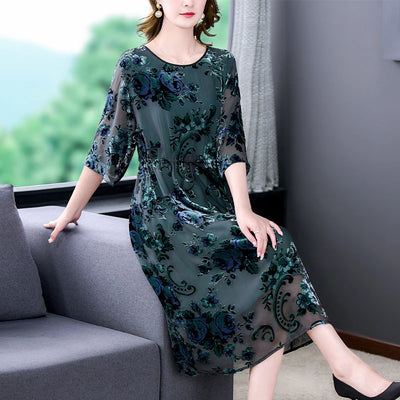 Women Chic Flocking Floral Silk Midi Dress Autumn Jacquard High Quality Dress 2024 Korean Vintage Elegant Bodycon Prom Dresses