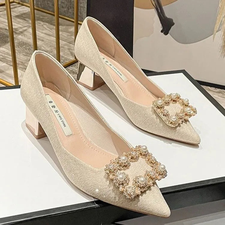 High Heels Shoes Women Spring New Korean Version Pearl Rhinestones Pointed Toe Women's Shoes Chunky Heels Pumps Zapatillas Mujer