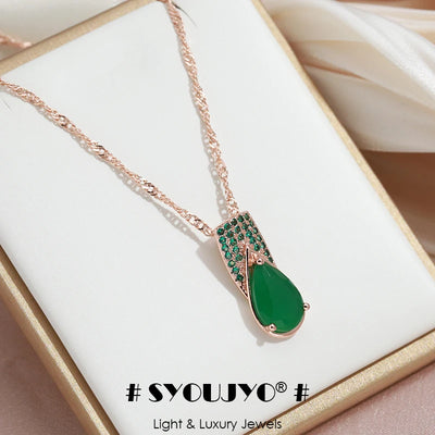 SYOUJYO Opal Green Natural Zircon Full Paved Pendant Necklace For Women 585 Gold Color Luxury Jewelry