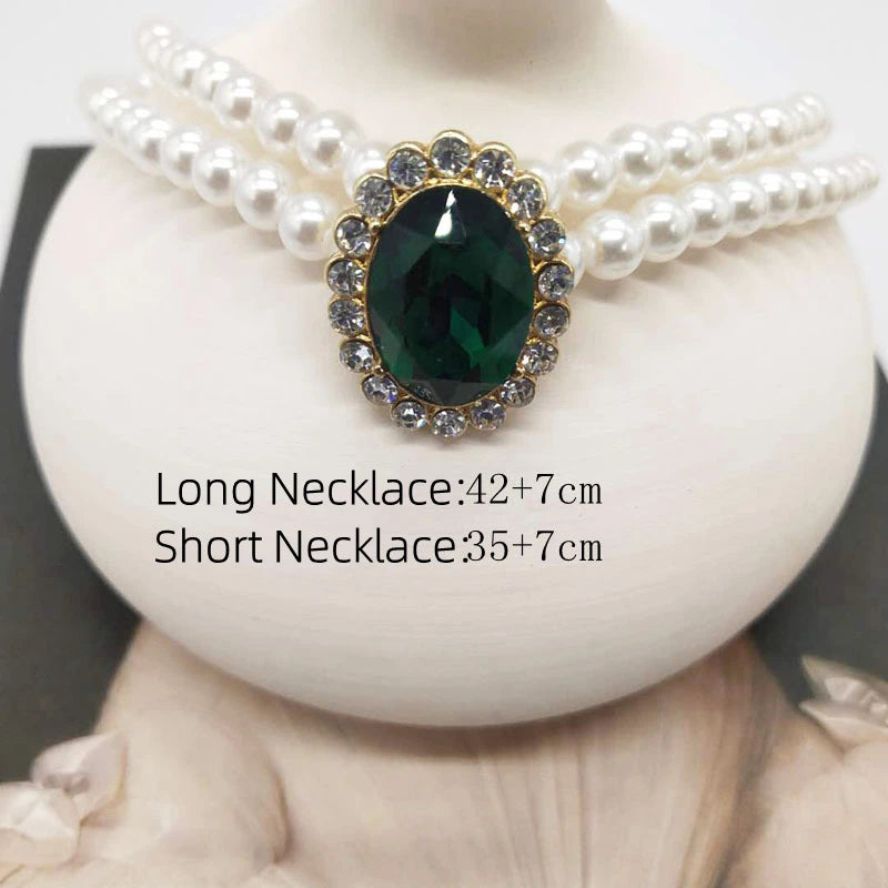 Classic Green Rhinestone Pearl Necklace Earrings For Women Lady Vintage Luxury Jewelry Wedding Party Pendant Collar Chokers