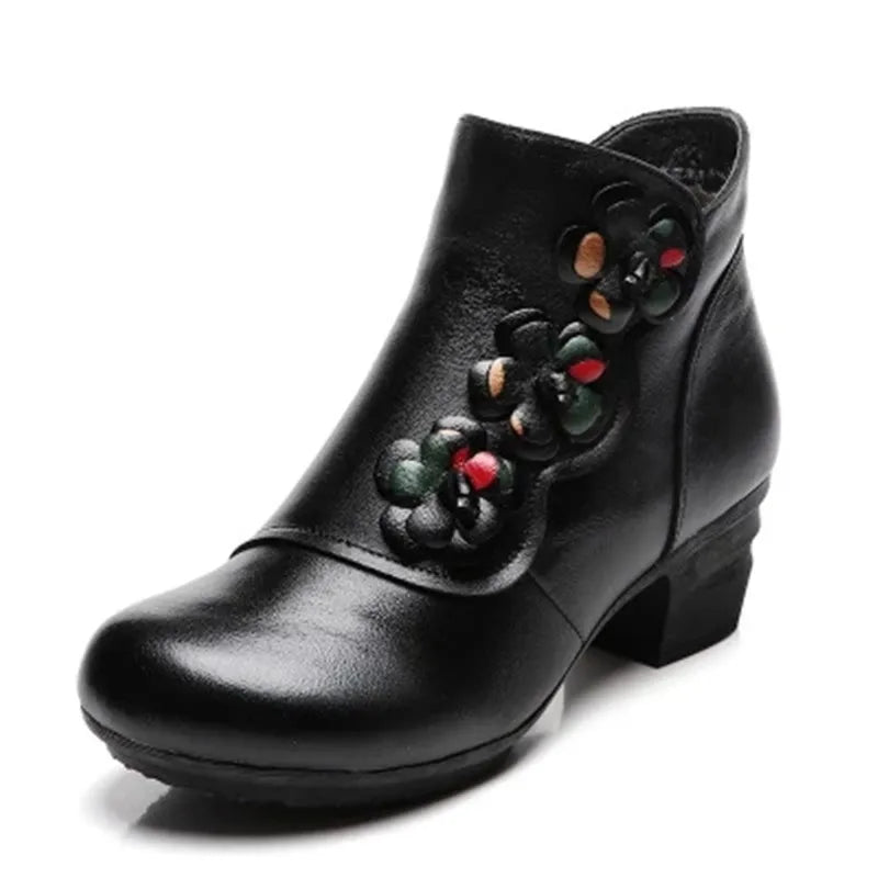 YAERNI Autumn Winter Shoes Woman Cow Leather Flower Shoes Comfort Med Heel Ankle Boots Genuine Leather Fashion Shoes women