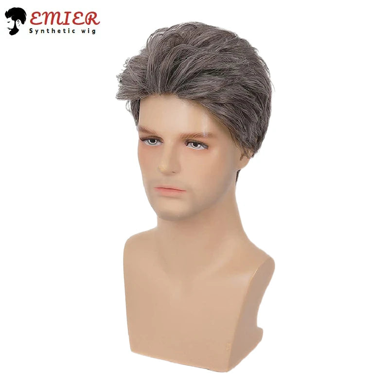 Short Mens Grey Wig Layered Natural Hair Mixed Grey Hair Heat Resistant Straight Synthetic Wigs With Bangs Cosplay Daily Use Wig