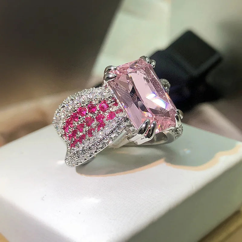 925 silver high-definition pink diamond ring female personality opening pink four-claw gemstone ring female party birthday gift