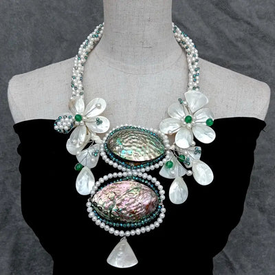 Y·YING Cultured White Pearl Abalone Shell Statement Necklace Real Pearl Shell Flower Necklace Jewelry Gift