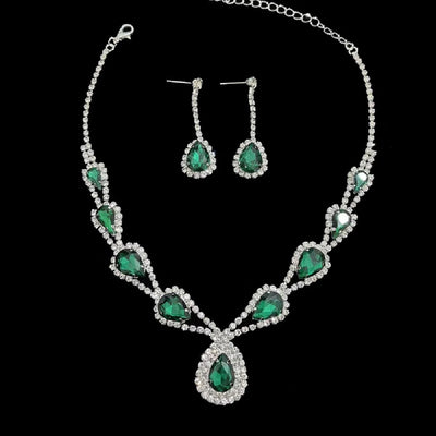 3PC Women's Fashion Trend Emerald Water Drop Necklace Earrings Jewelry Set Wedding Banquet Party Holiday Gift