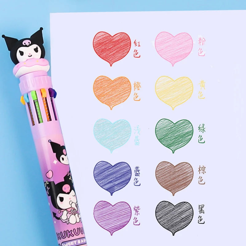 Sanrio Press Ten Color Ballpoint Pen Cartoon Kawaii Kuromi Multi-color Students Gel Pen Melody Sanrio Stationery Write Cute Pens