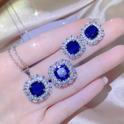 New Vintage Imitation Tanzanite Sapphire Square Jewelry Set 925 Stamp Fashion Jewelry Wedding Party Birthday Gift