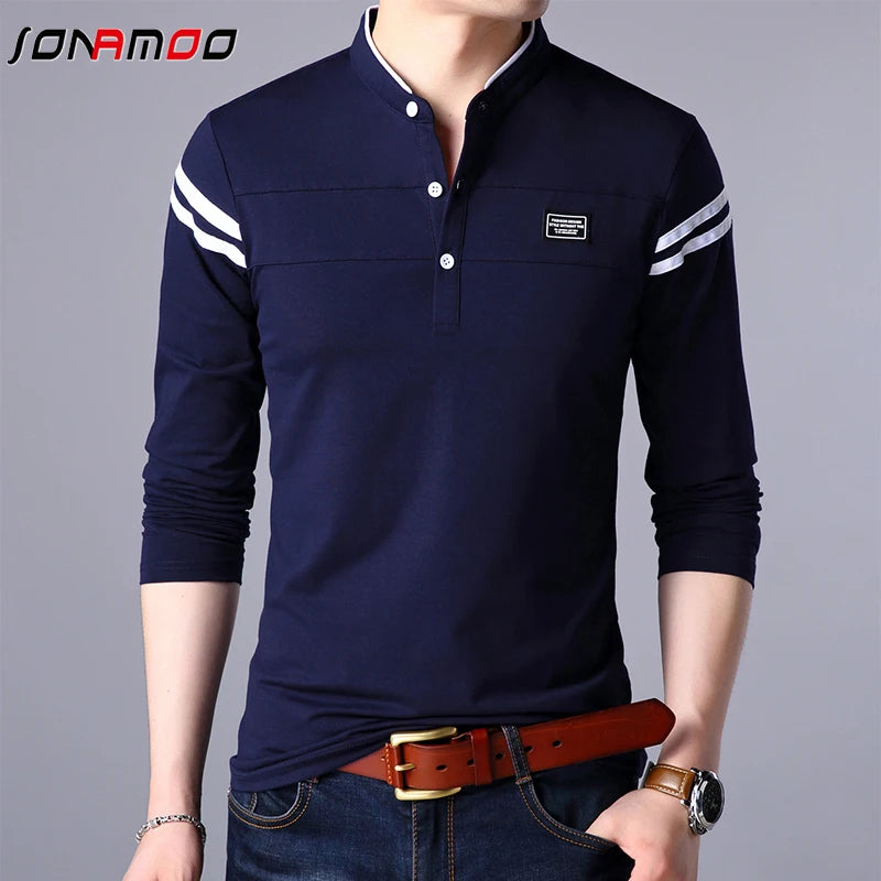 Men's Fashion Summer Long Sleeved POLO T-shirt Casual Cotton Breathable Top Stand Up Neck Long Sleeve Korean Comfortable Shirt