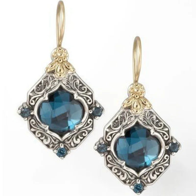 Engraved rhombus blue synthetic gemstone decorative pendant earrings retro elegant style jewelry exquisite women's earrings