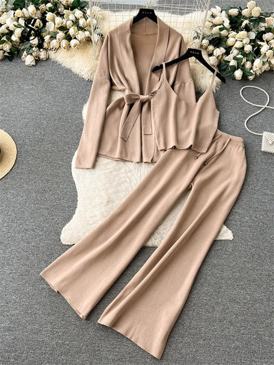 SINGREINY Office Lady Three Pieces Suits Loose Belt Cardigan+Tank Tops+Drawstring Wide Legs Long Pants Autumn Fashion Solid Sets