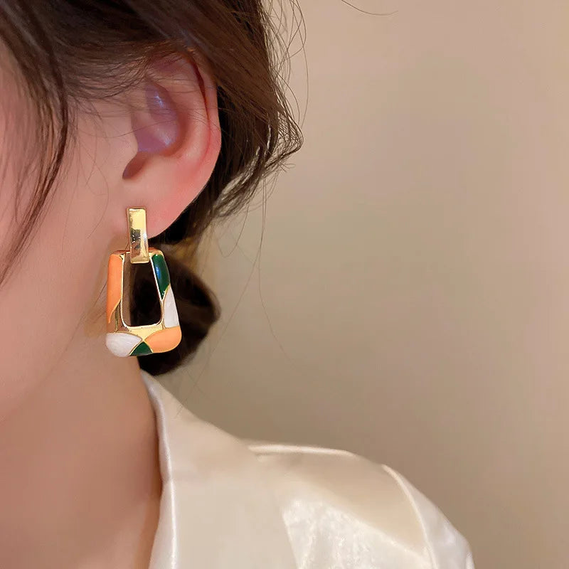 Minar 2023 Hot Sale Trapezoid Colorful Enamel Earring For Women Hollow Geometric Long Dangle Earrings Korean Style Party Jewelry