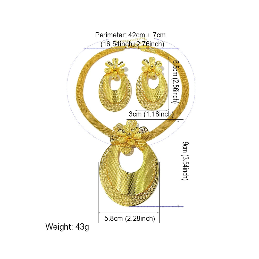 Luxury Dubai Jewelry Set For Women Big Charm Pendant Necklace Earrings Weddings Party African Set Yellow Gold Color Accessories