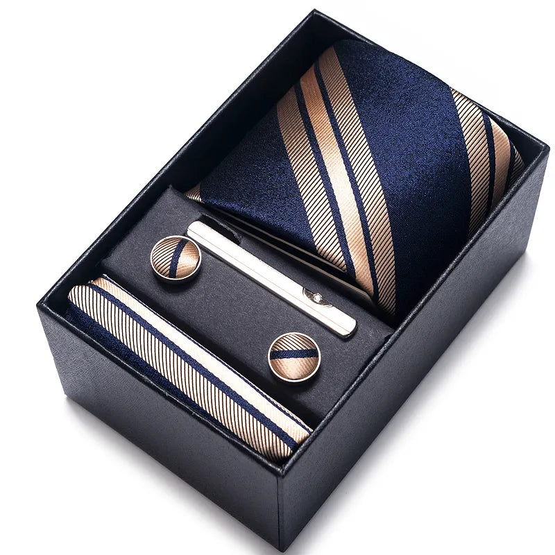 100% Silk Brand Tie Handkerchief Cufflink Set For Men Necktie Holiday Gift Box Blue Gold Suit Accessories Slim Wedding Gravatas