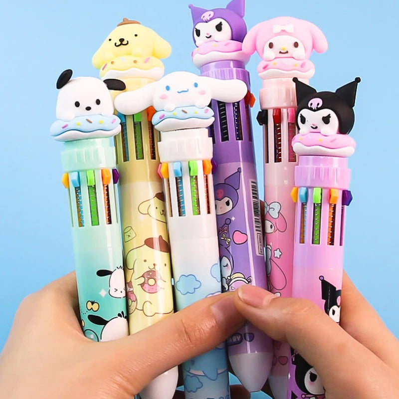 Sanrio Press Ten Color Ballpoint Pen Cartoon Kawaii Kuromi Multi-color Students Gel Pen Melody Sanrio Stationery Write Cute Pens