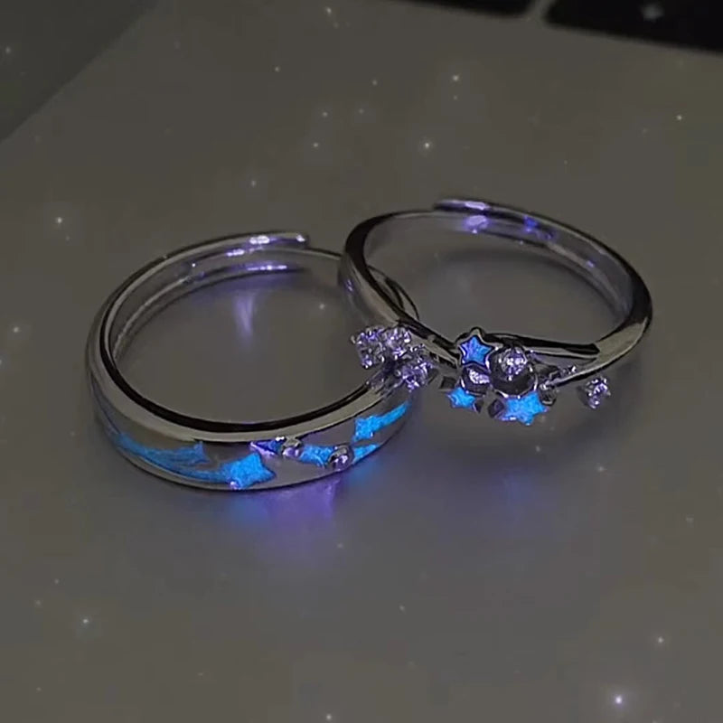 2Pc Luminous Star Adjustable Finger Ring Vintage Luxury Love Couples Rings Glow In Dark Y2K Jewelry Valentine's Day Gift