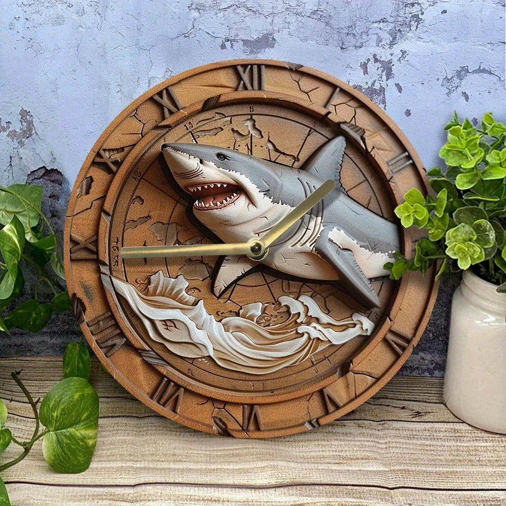 Shark-Themed Silent Wall Clock,DIY Kit with 3D Effect, Bedroom Decor, Summer Nautical Ocean Life Independence Day Decorative