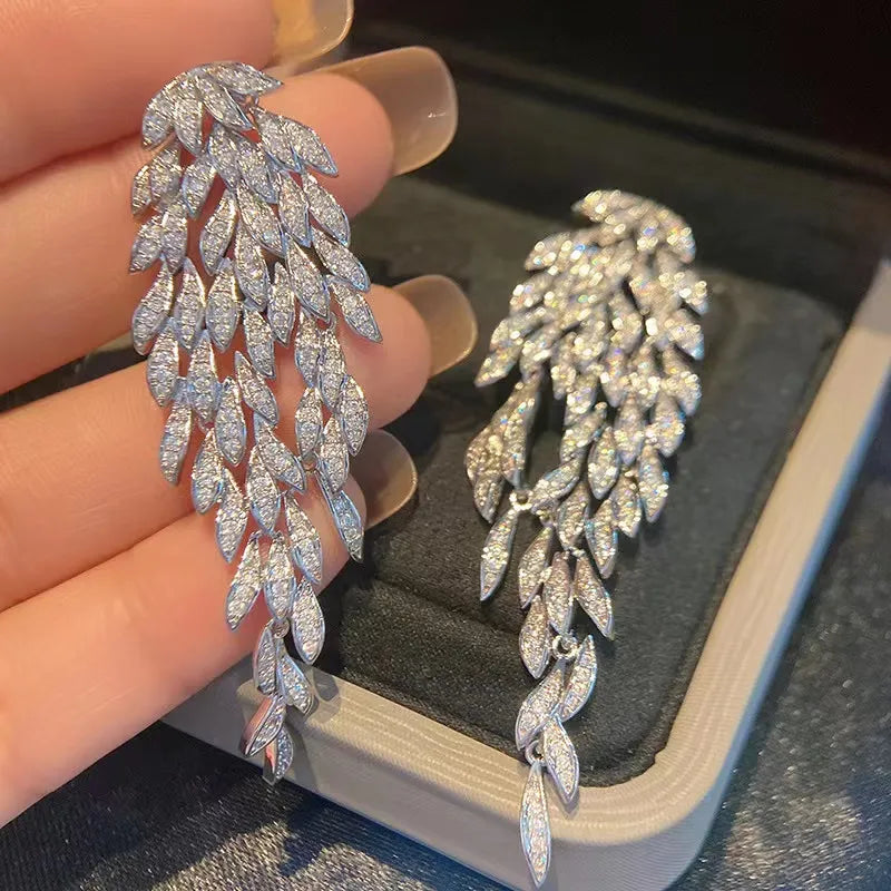 S925 Silver Needle Multi-layer Leaves Exaggerated Tassel Crystal Drop Earrings For Women Wedding Party Jewelry Christmas Gift