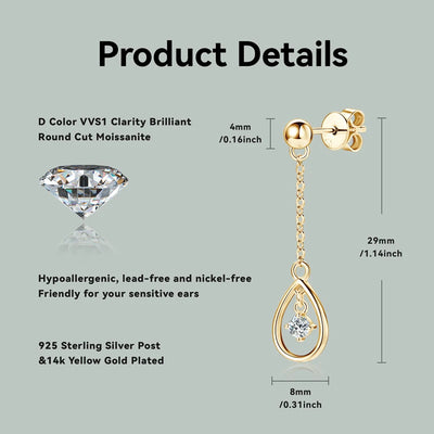 18K Gold Plated 925 Silver Stud Earrings for Women 3mm D Color Moissanite Water Drop Dangle Earring Elegant Jewelry Wedding Gift