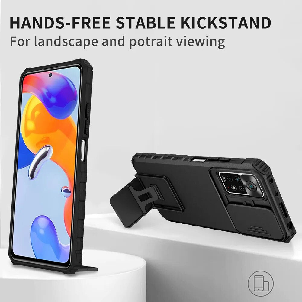 KEYSION Shockproof Case for Redmi Note 11 Pro 11S 12 5G 10 Push Pull Camera Protection Live Stand Phone Cover for Xiaomi 11T Pro