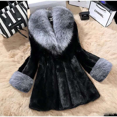 Autumn and winter new fashion ladies imitation mink medium length fox fur collar slim show skinny fur coat jacket 2023