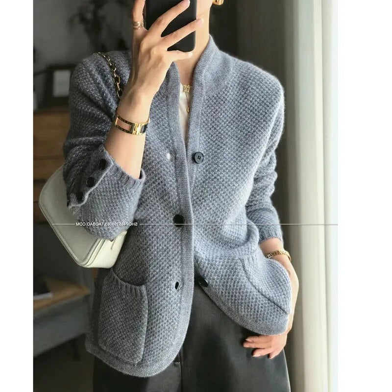 Autumn winter new thickened 100% pure cashmere cardigan women stand neck sweater sweater loose knit base sweater jacket