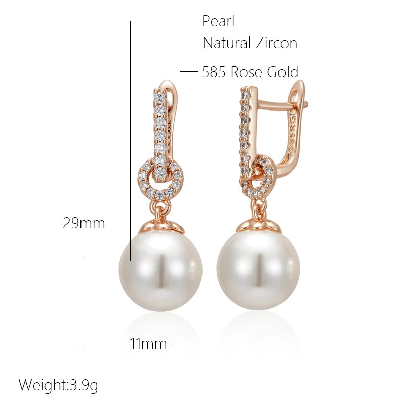 Kinel Luxury 585 Rose Gold Color Pearl Drop Earrings Women Unique Geometric Full Natural Zircon Accessories Daily Jewelry Gift