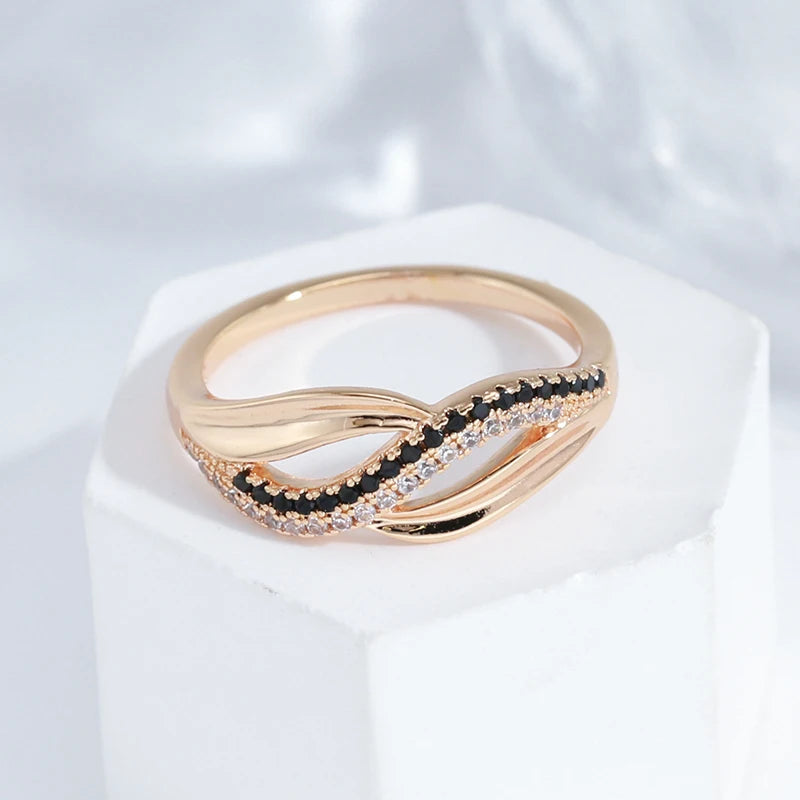 Geometric Twist Double Black White Zircon Women Rings 585 Gold Color Gothic Simple Jewelry Party Daily Wear Vintage Style Rings