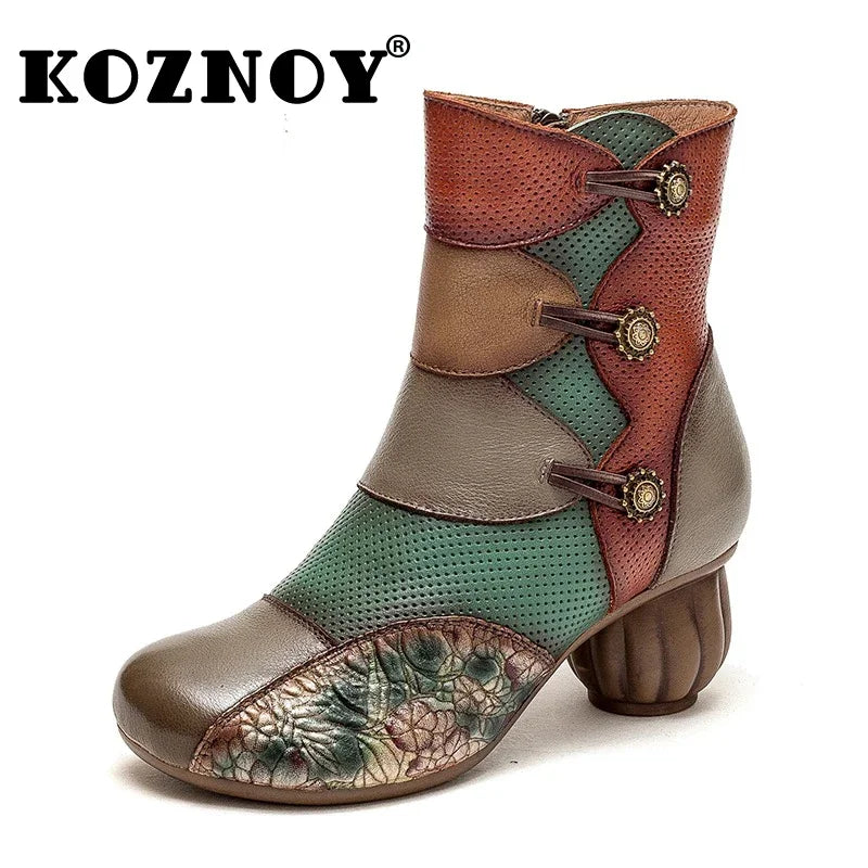 Koznoy Booties for Women 6cm Genuine Leather Autumn Spring Winter Plush Warm Print Ankle Ethnic Boots Moccasins Fashion Shoes