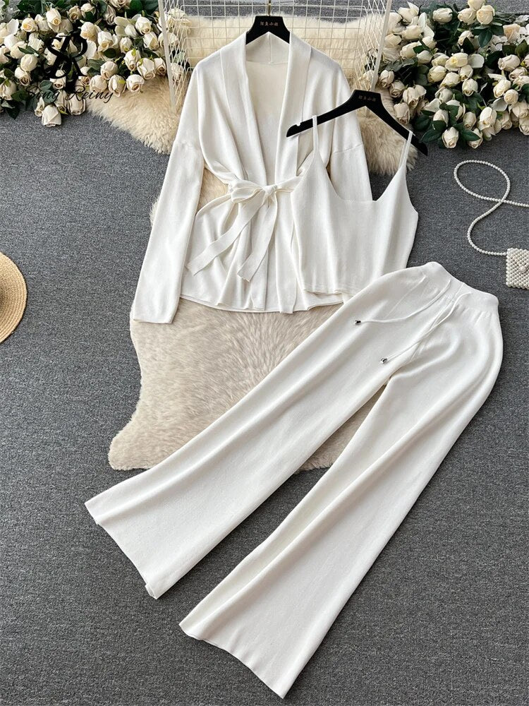 SINGREINY Office Lady Three Pieces Suits Loose Belt Cardigan+Tank Tops+Drawstring Wide Legs Long Pants Autumn Fashion Solid Sets